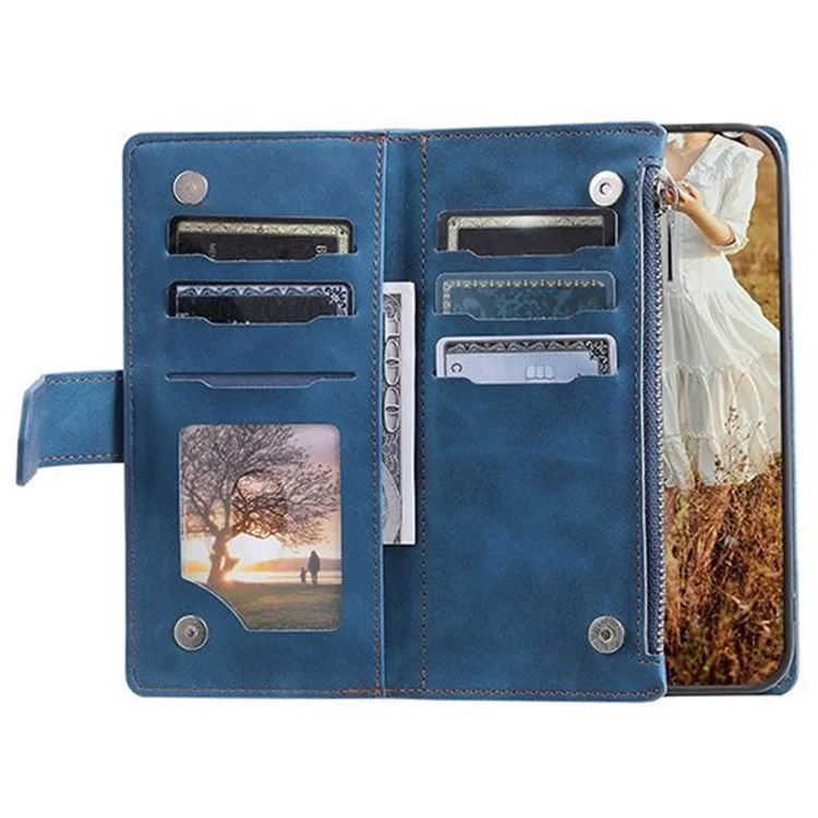 Для Samsung Galaxy S23 Ultra 005 Style Rhombus Imprinted PU Leather Cover Zipper Pocket Stand Wallet Phone Case with Strap - Blue