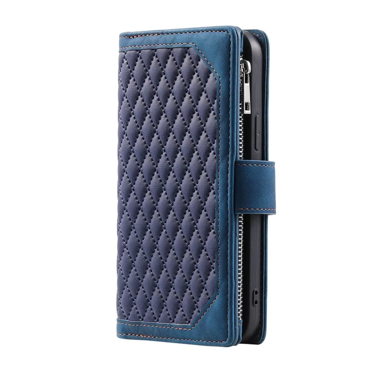 Для Samsung Galaxy S23 Ultra 005 Style Rhombus Imprinted PU Leather Cover Zipper Pocket Stand Wallet Phone Case with Strap - Blue