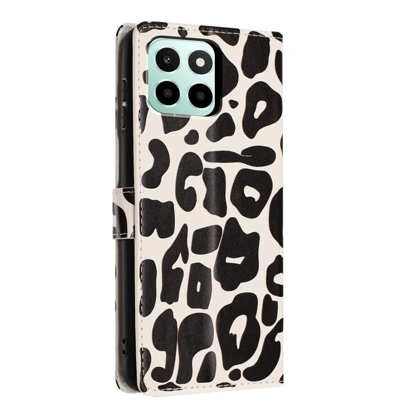 For Honor X6c 4G Case Leopard Print Wallet Stand Flip Leather Phone Cover with Wrist Strap - Black