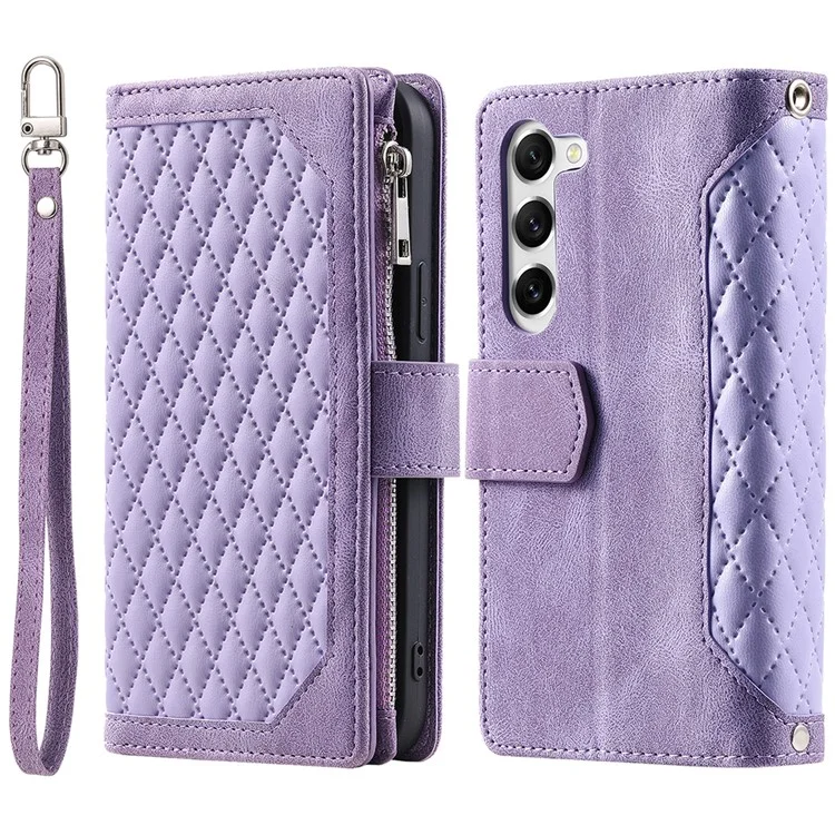 Para Samsung Galaxy S23 005 Style Rhombus Imprinted Wallet Case PU Leather Magnetic Closure Handbag Zipper Pocket Stand Flip Phone Cover with Strap - Púrpura