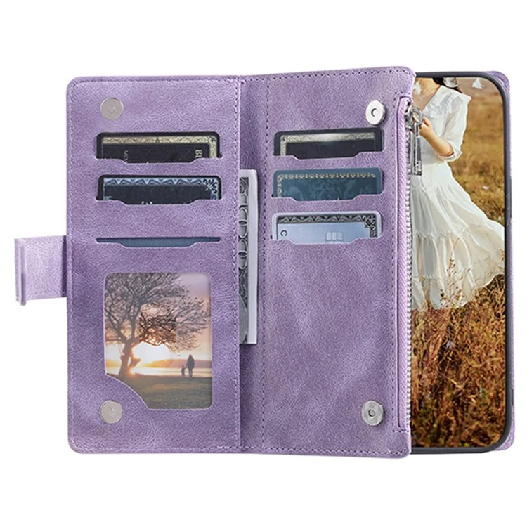 Para Samsung Galaxy S23 005 Style Rhombus Imprinted Wallet Case PU Leather Magnetic Closure Handbag Zipper Pocket Stand Flip Phone Cover with Strap - Púrpura