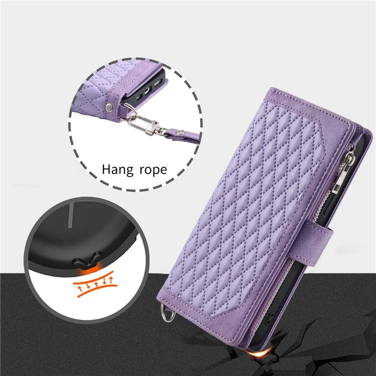 Para Samsung Galaxy S23 005 Style Rhombus Imprinted Wallet Case PU Leather Magnetic Closure Handbag Zipper Pocket Stand Flip Phone Cover with Strap - Púrpura