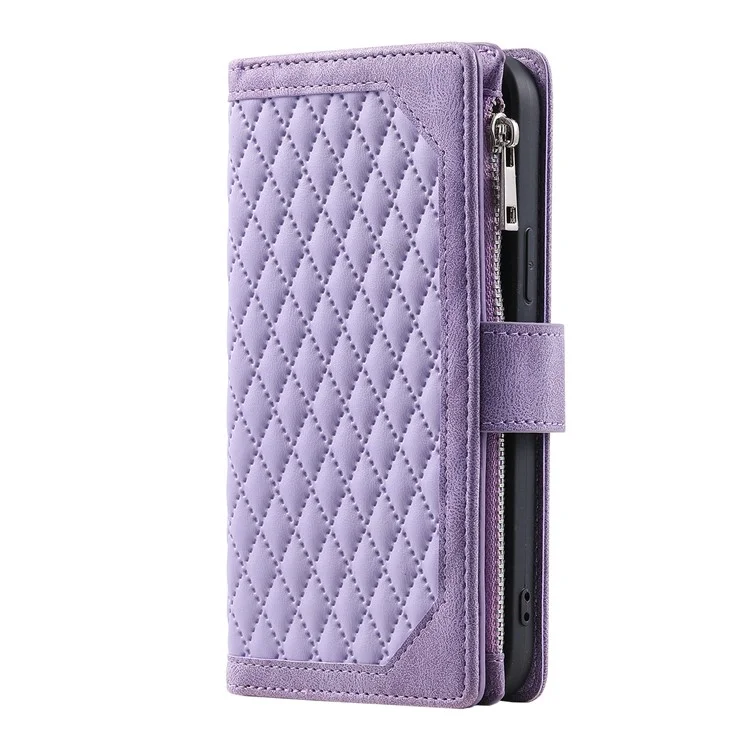 Para Samsung Galaxy S23 005 Style Rhombus Imprinted Wallet Case PU Leather Magnetic Closure Handbag Zipper Pocket Stand Flip Phone Cover with Strap - Púrpura