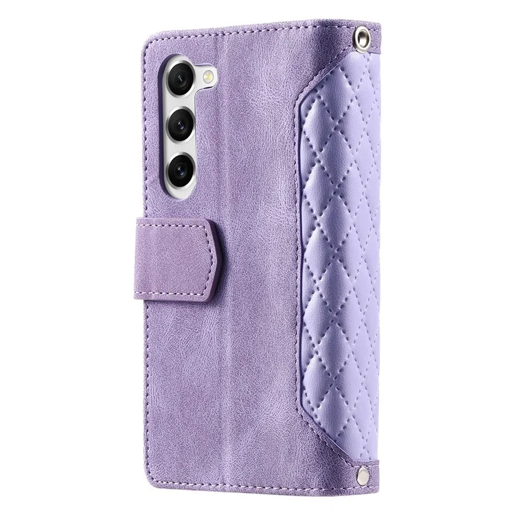 Para Samsung Galaxy S23 005 Style Rhombus Imprinted Wallet Case PU Leather Magnetic Closure Handbag Zipper Pocket Stand Flip Phone Cover with Strap - Púrpura
