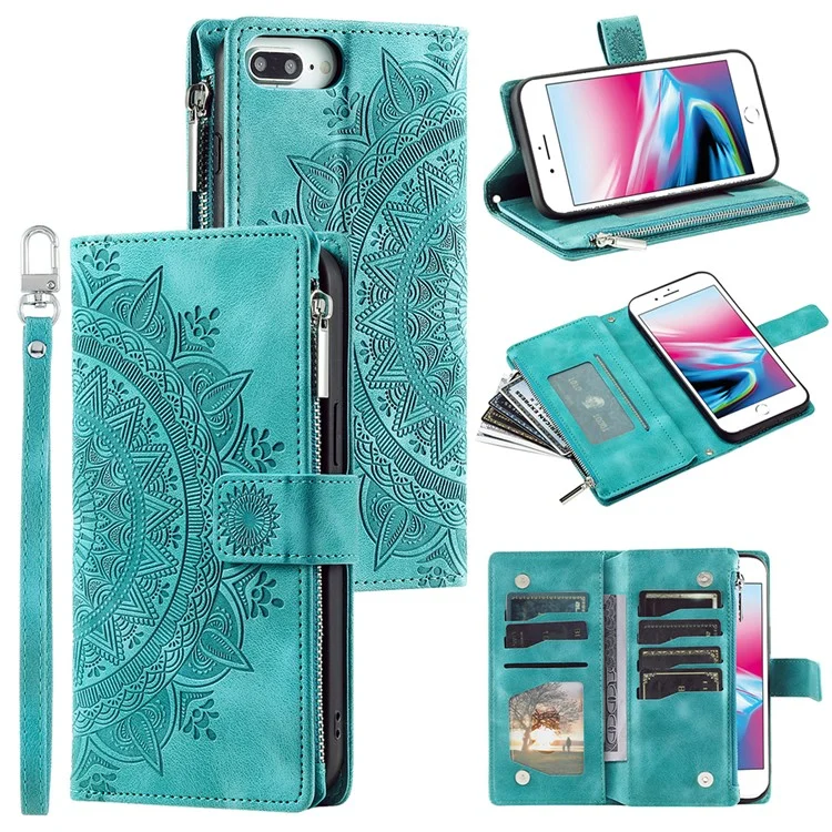 Per Iphone 7 Plus / Custodia da 8,5 Pollici Con Cerniera da 5,5 Pollici Case in Pelle PU Slot a Più Carte Copertura Per Telefono Flower Mandala Flower Con Cinturino - Verde
