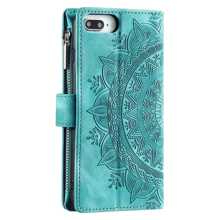 Per Iphone 7 Plus / Custodia da 8,5 Pollici Con Cerniera da 5,5 Pollici Case in Pelle PU Slot a Più Carte Copertura Per Telefono Flower Mandala Flower Con Cinturino - Verde