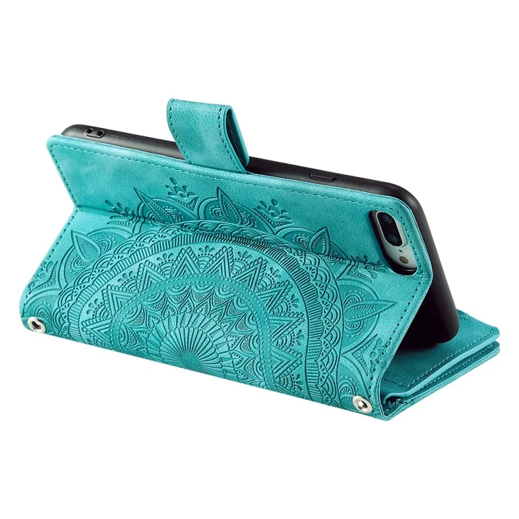 Per Iphone 7 Plus / Custodia da 8,5 Pollici Con Cerniera da 5,5 Pollici Case in Pelle PU Slot a Più Carte Copertura Per Telefono Flower Mandala Flower Con Cinturino - Verde