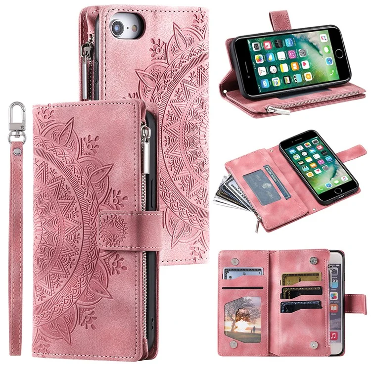 For iPhone 7 / 8 4.7 inch / SE (2020) / SE (2022) PU Leather Zipper Pocket Phone Cover Mandala Flower Imprinted Stand Multiple Card Slots Wallet Case with Strap - Rose Gold