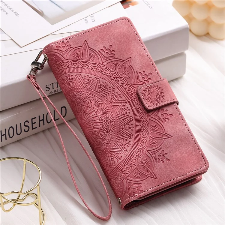 For iPhone 7 / 8 4.7 inch / SE (2020) / SE (2022) PU Leather Zipper Pocket Phone Cover Mandala Flower Imprinted Stand Multiple Card Slots Wallet Case with Strap - Rose Gold