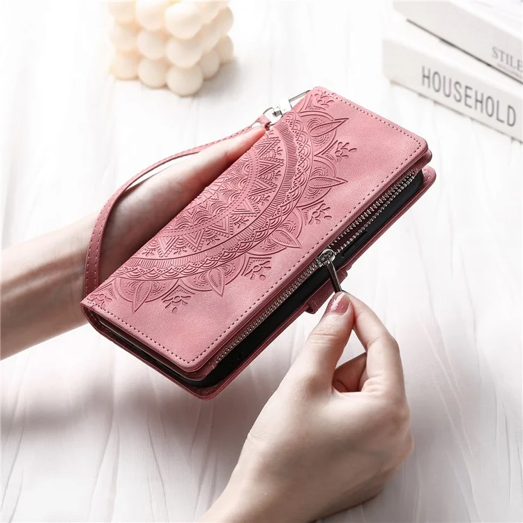 Für Iphone 7 / 8 4,7 Zoll / SE (2020) / SE (2022) PU Leder Reißverschluss Pocket Phone Cover Mandala Blume Eingeprägter Ständer Mehrere Kartenschlitze Brieftasche Mit Riemen - Roségold