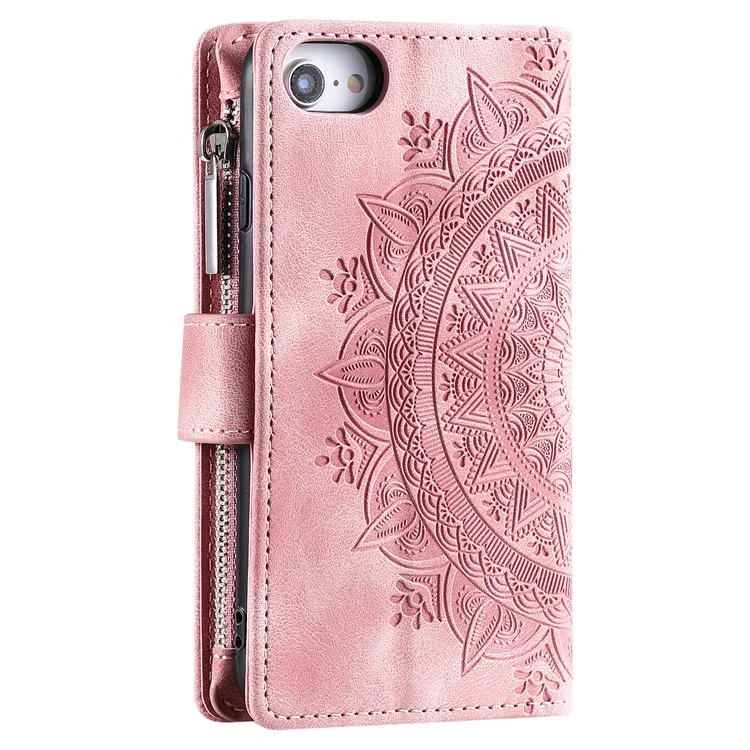 Für Iphone 7 / 8 4,7 Zoll / SE (2020) / SE (2022) PU Leder Reißverschluss Pocket Phone Cover Mandala Blume Eingeprägter Ständer Mehrere Kartenschlitze Brieftasche Mit Riemen - Roségold