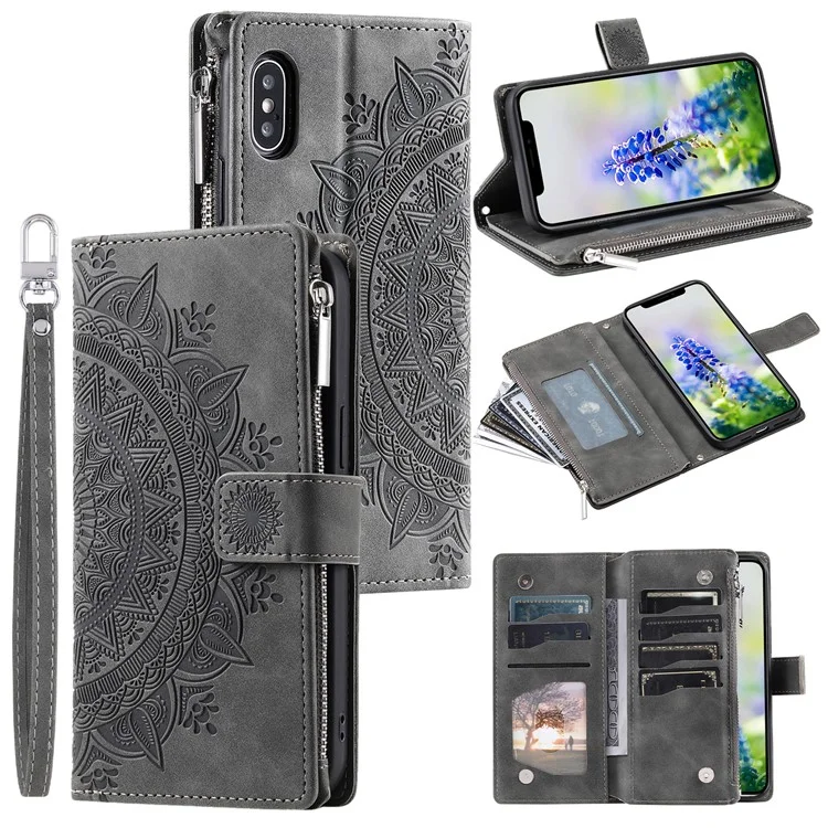 For iPhone XS Max 6.5 inch Mandala Flower Imprinted PU Leather Wallet Folio Flip Case Zipper Pocket Multiple Card Slots Stand Phone Cover with Strap - Grey