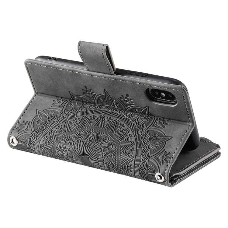 For iPhone XS Max 6.5 inch Mandala Flower Imprinted PU Leather Wallet Folio Flip Case Zipper Pocket Multiple Card Slots Stand Phone Cover with Strap - Grey