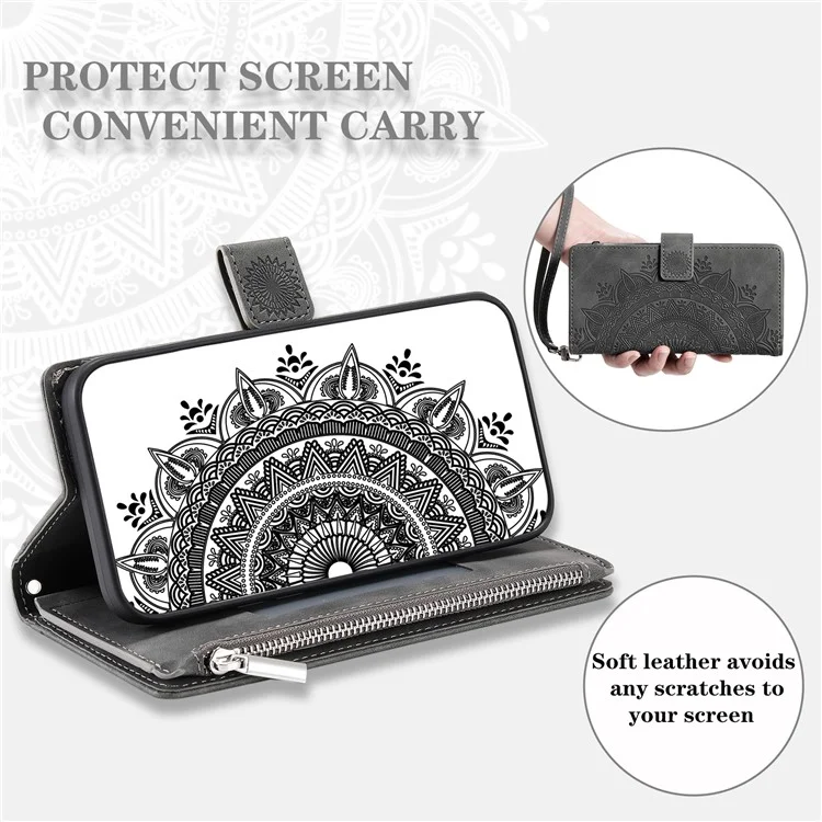 Pour Iphone XS Max 6,5 Pouces Mandala Fleur Imprimé PU Cuir Portefeuille Folio Flip Case de Fermeture Zipper Plusieurs Emplacements de Cartes Couvercle de Téléphone Avec Bracelet - Gris