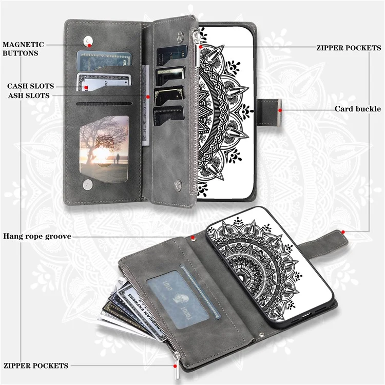 For iPhone XS Max 6.5 inch Mandala Flower Imprinted PU Leather Wallet Folio Flip Case Zipper Pocket Multiple Card Slots Stand Phone Cover with Strap - Grey