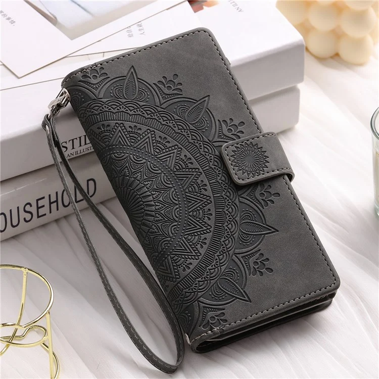 Pour Iphone XS Max 6,5 Pouces Mandala Fleur Imprimé PU Cuir Portefeuille Folio Flip Case de Fermeture Zipper Plusieurs Emplacements de Cartes Couvercle de Téléphone Avec Bracelet - Gris