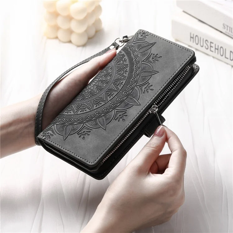 For iPhone XS Max 6.5 inch Mandala Flower Imprinted PU Leather Wallet Folio Flip Case Zipper Pocket Multiple Card Slots Stand Phone Cover with Strap - Grey