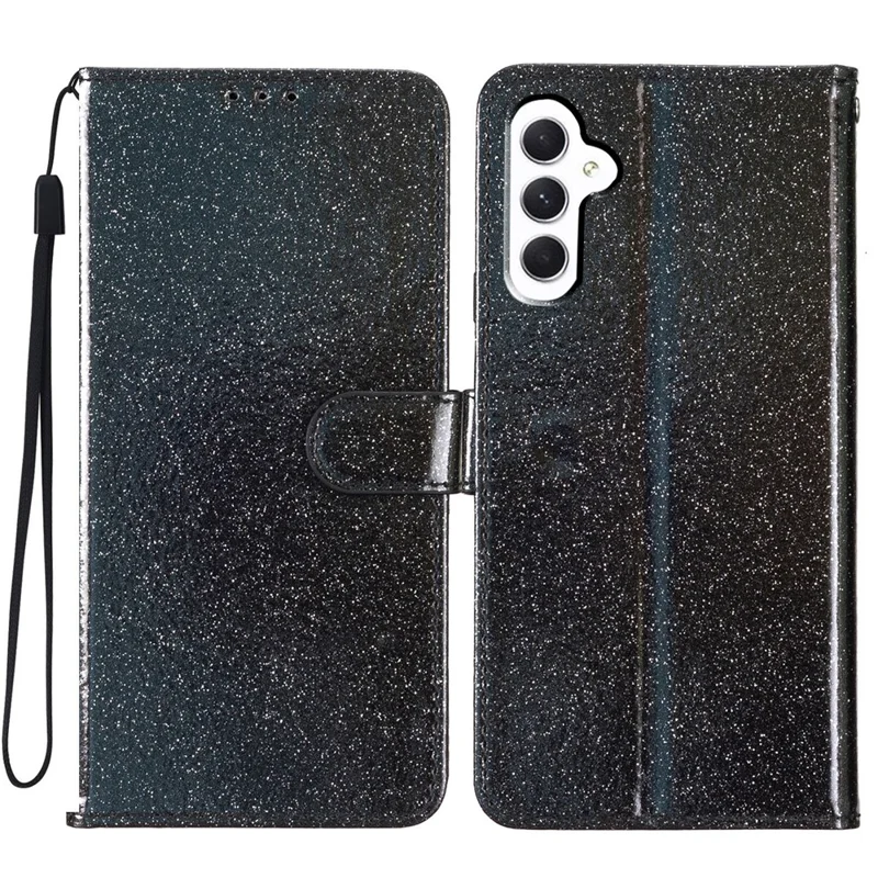 For Samsung Galaxy A18 4G Wallet Case Glitter Anti-Scratch Leather Stand Phone Cover with Strap - Black