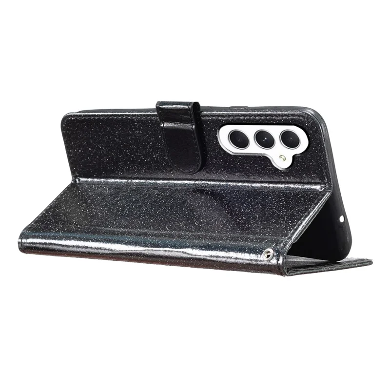 For Samsung Galaxy A18 4G Wallet Case Glitter Anti-Scratch Leather Stand Phone Cover with Strap - Black