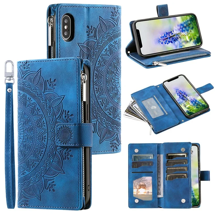 For iPhone X / XS 5.8 inch Mandala Flower Imprinted PU Leather Wallet Phone Case Multiple Card Slots Magnetic Closure Zipper Pocket Handbag Stand Flip Cover with Strap - Blue