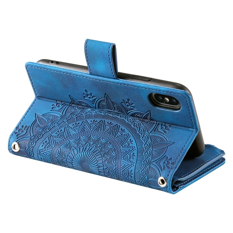 For iPhone X / XS 5.8 inch Mandala Flower Imprinted PU Leather Wallet Phone Case Multiple Card Slots Magnetic Closure Zipper Pocket Handbag Stand Flip Cover with Strap - Blue