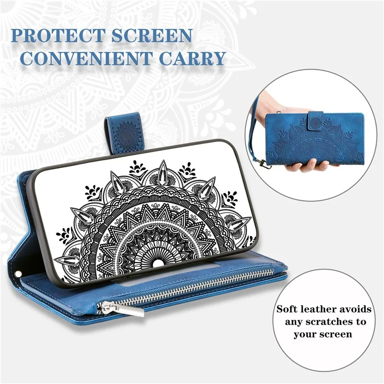 For iPhone X / XS 5.8 inch Mandala Flower Imprinted PU Leather Wallet Phone Case Multiple Card Slots Magnetic Closure Zipper Pocket Handbag Stand Flip Cover with Strap - Blue