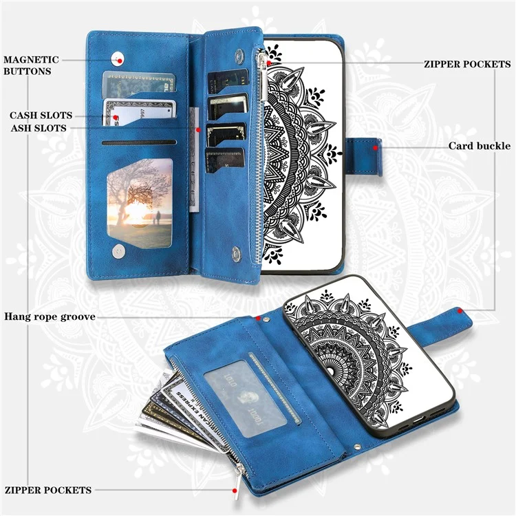 For iPhone X / XS 5.8 inch Mandala Flower Imprinted PU Leather Wallet Phone Case Multiple Card Slots Magnetic Closure Zipper Pocket Handbag Stand Flip Cover with Strap - Blue