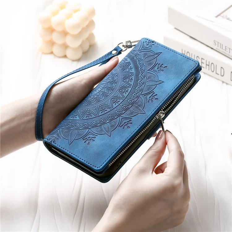 Para Iphone x. / XS 5,8 Polegadas Mandala Flor PU PU Catera de Catura Pele de Catula Múltipla Cartão Fechamento Magnético Zipper Bolso de Bolso Tampa Com Alça - Azul