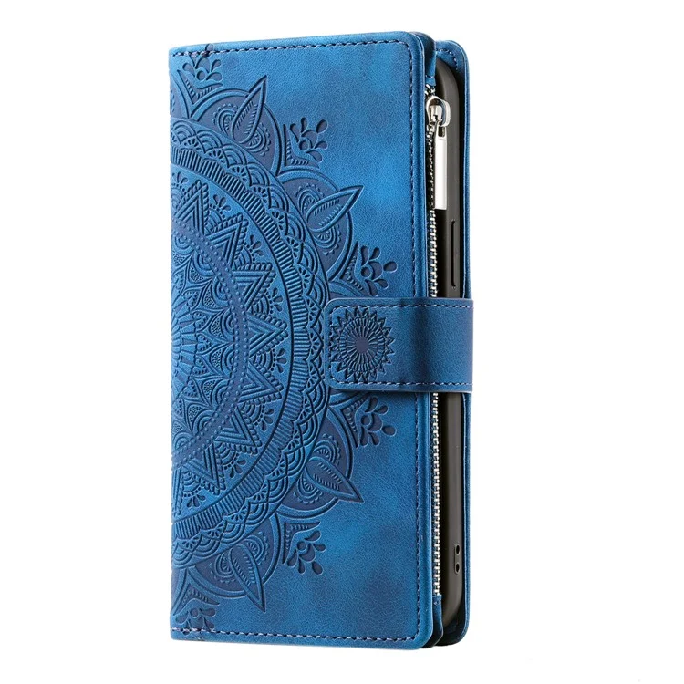 For iPhone X / XS 5.8 inch Mandala Flower Imprinted PU Leather Wallet Phone Case Multiple Card Slots Magnetic Closure Zipper Pocket Handbag Stand Flip Cover with Strap - Blue