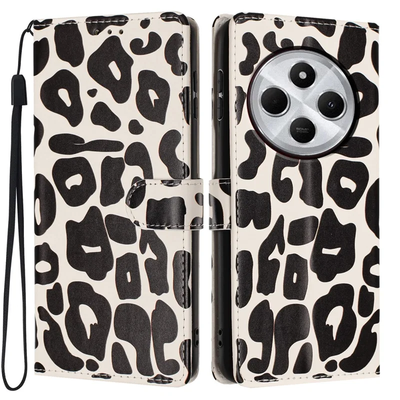 For Xiaomi Redmi 17C 4G Case Leopard Print Wallet Stand Flip Leather Phone Cover with Wrist Strap - Black