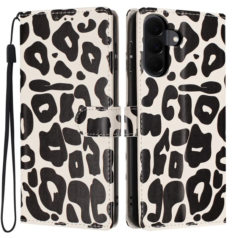 For Samsung Galaxy A18 4G Case Leopard Print Wallet Stand Flip Leather Phone Cover with Wrist Strap - Black