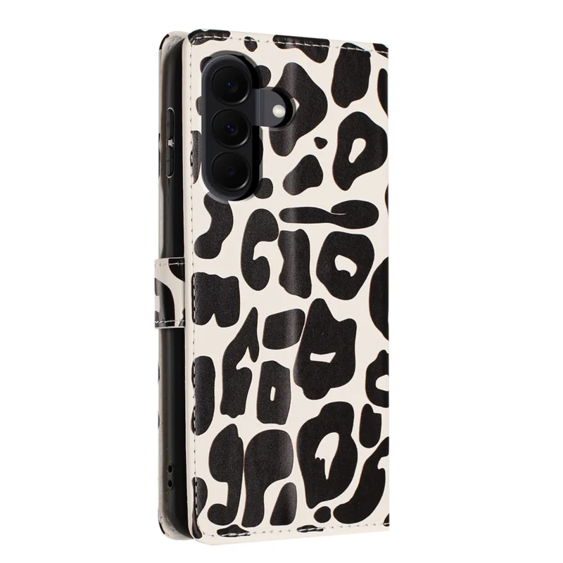 For Samsung Galaxy A18 4G Case Leopard Print Wallet Stand Flip Leather Phone Cover with Wrist Strap - Black