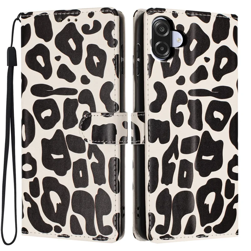 For Samsung Galaxy A06 4G Case Leopard Print Wallet Stand Flip Leather Phone Cover with Wrist Strap - Black