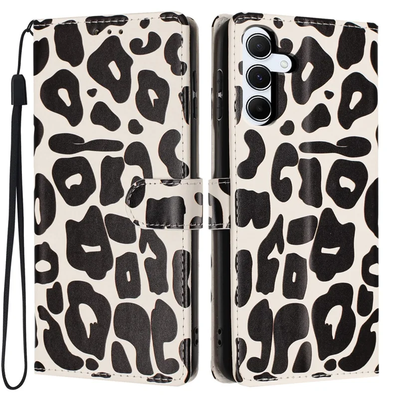 For Samsung Galaxy A55 5G Case Leopard Print Wallet Stand Flip Leather Phone Cover with Wrist Strap - Black