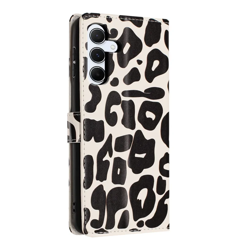For Samsung Galaxy A55 5G Case Leopard Print Wallet Stand Flip Leather Phone Cover with Wrist Strap - Black