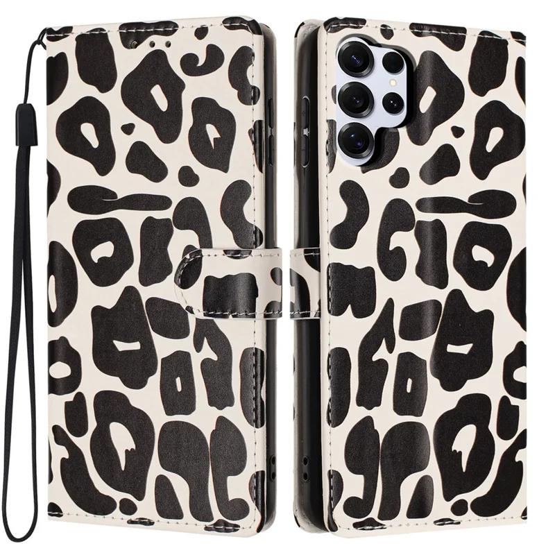 Samsung Galaxy S25 Ultra-hoesje met luipaardprint Portefeuillestaander van leer met polsbandje - Zwart
