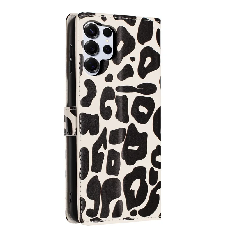 Samsung Galaxy S25 Ultra-hoesje met luipaardprint Portefeuillestaander van leer met polsbandje - Zwart