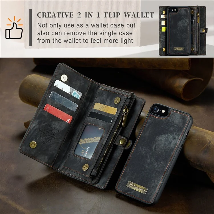 CASEME 008 Series for iPhone 6 / 6s / 7 / 8 4.7 inch / SE (2020) / (2022) PU Leather Zipper Pocket Case Detachable Phone Cover with Stand Wallet - Black