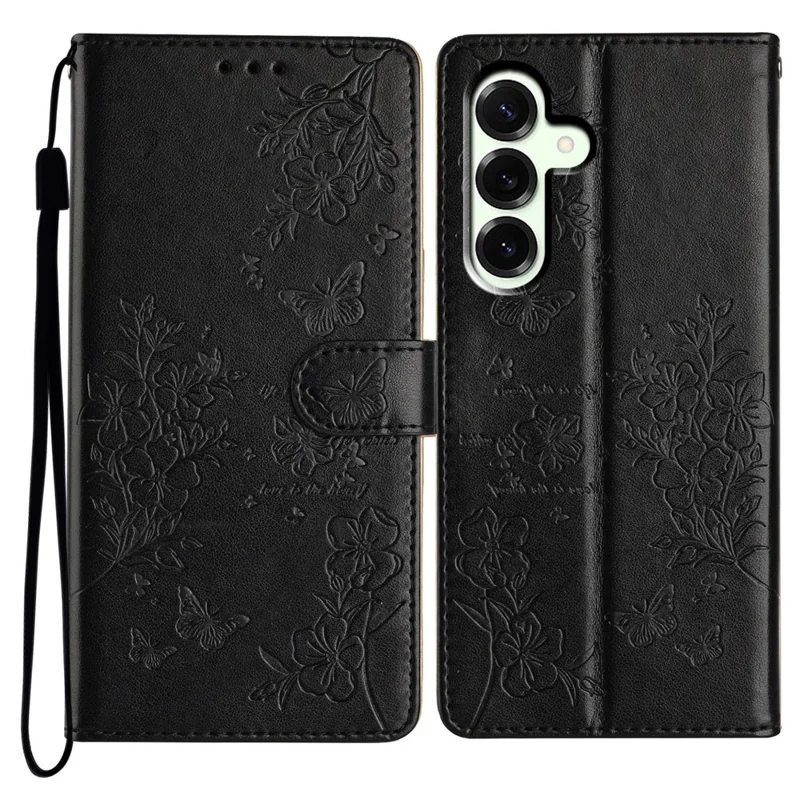 For Samsung Galaxy A18 4G Wallet Phone Case Butterfly Floral Imprint Leather Flip Cover with Strap - Black