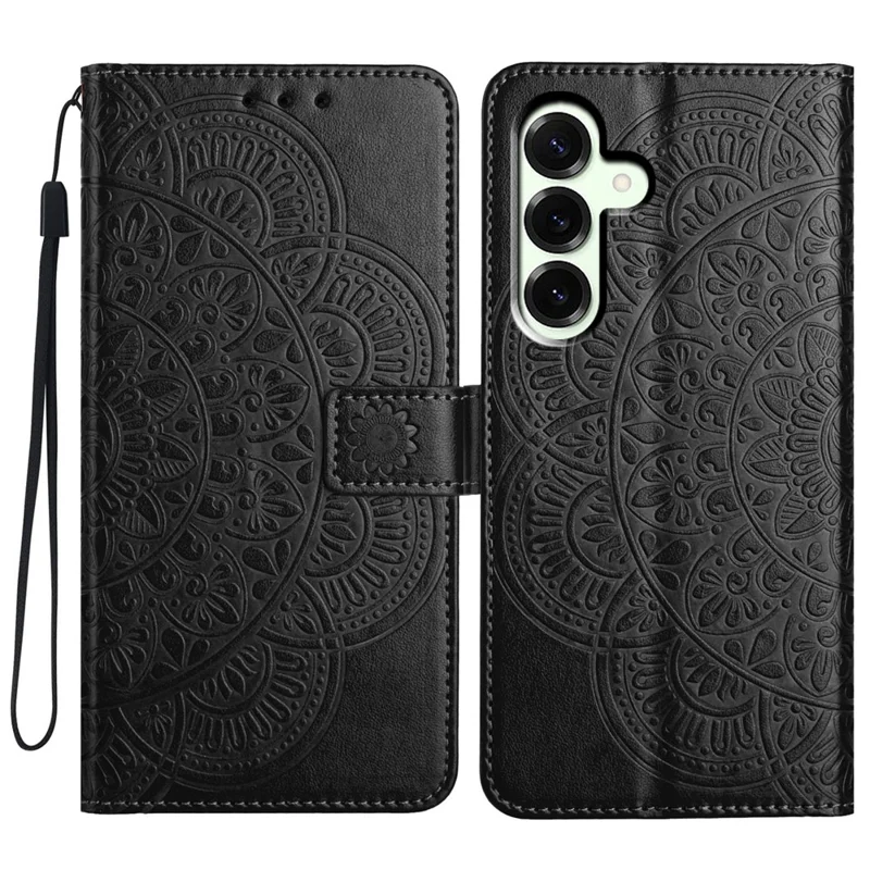 For Samsung Galaxy A18 4G Leather Case Stand Card Slots Mandala Pattern Phone Cover with Wrist Strap - Black
