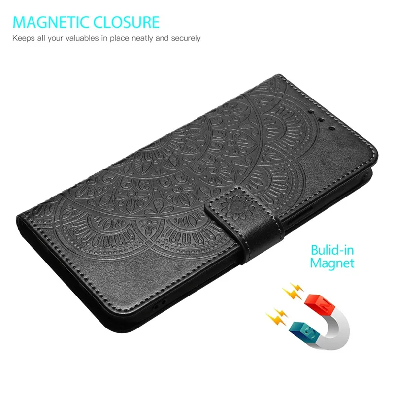 For Samsung Galaxy A18 4G Leather Case Stand Card Slots Mandala Pattern Phone Cover with Wrist Strap - Black