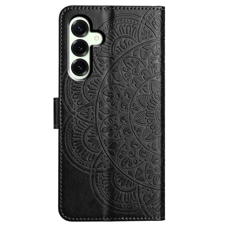 For Samsung Galaxy A18 4G Leather Case Stand Card Slots Mandala Pattern Phone Cover with Wrist Strap - Black