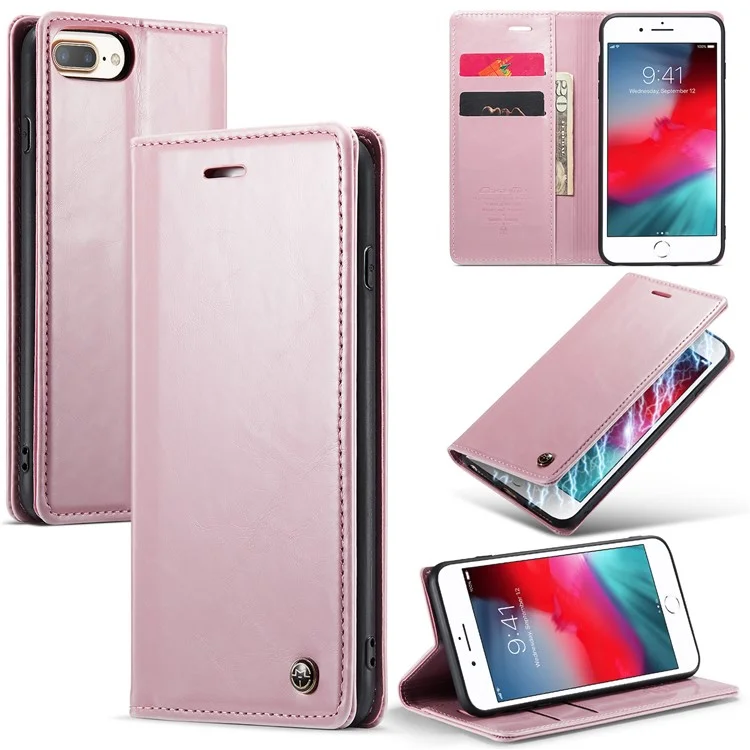 CASEME 003 Serie für iPhone 6 Plus / 6s Plus / 7 Plus / 8 Plus 5.5 Zoll Retro Wachstuch-Textur PU-Ledertasche Handyhülle mit Ständer - Pink
