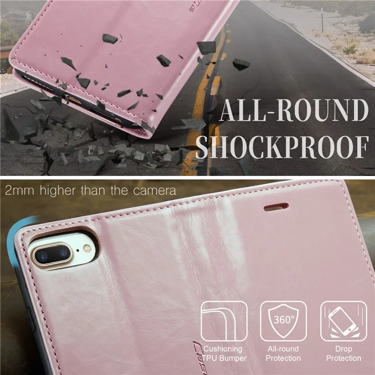 Serie Caseme 003 Para Iphone 6 Plus / 6s Más / 7 Más / 8 Más 5.5 Pulgadas Retro Textura Cera Puro Estuche de Cuero Portador de Billetera de la Billetera - Rosado