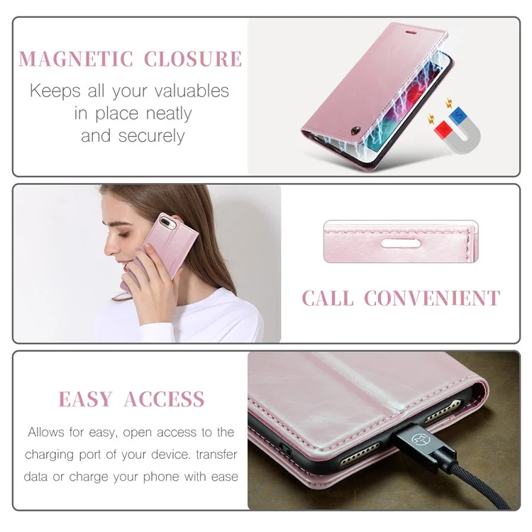 CASEME 003 Serie für iPhone 6 Plus / 6s Plus / 7 Plus / 8 Plus 5.5 Zoll Retro Wachstuch-Textur PU-Ledertasche Handyhülle mit Ständer - Pink
