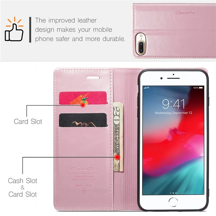 Serie Caseme 003 Para Iphone 6 Plus / 6s Más / 7 Más / 8 Más 5.5 Pulgadas Retro Textura Cera Puro Estuche de Cuero Portador de Billetera de la Billetera - Rosado