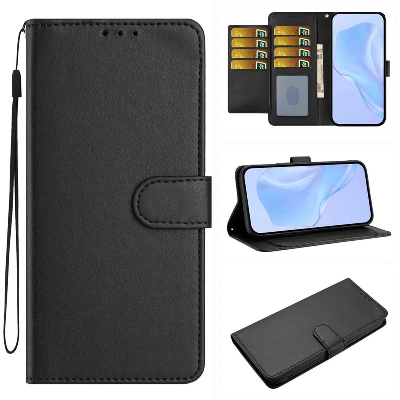 For Samsung Galaxy A18 4G Wallet Case with Strap  /  Multiple Card Slots Solid Color Leather Stand Phone Cover - Black