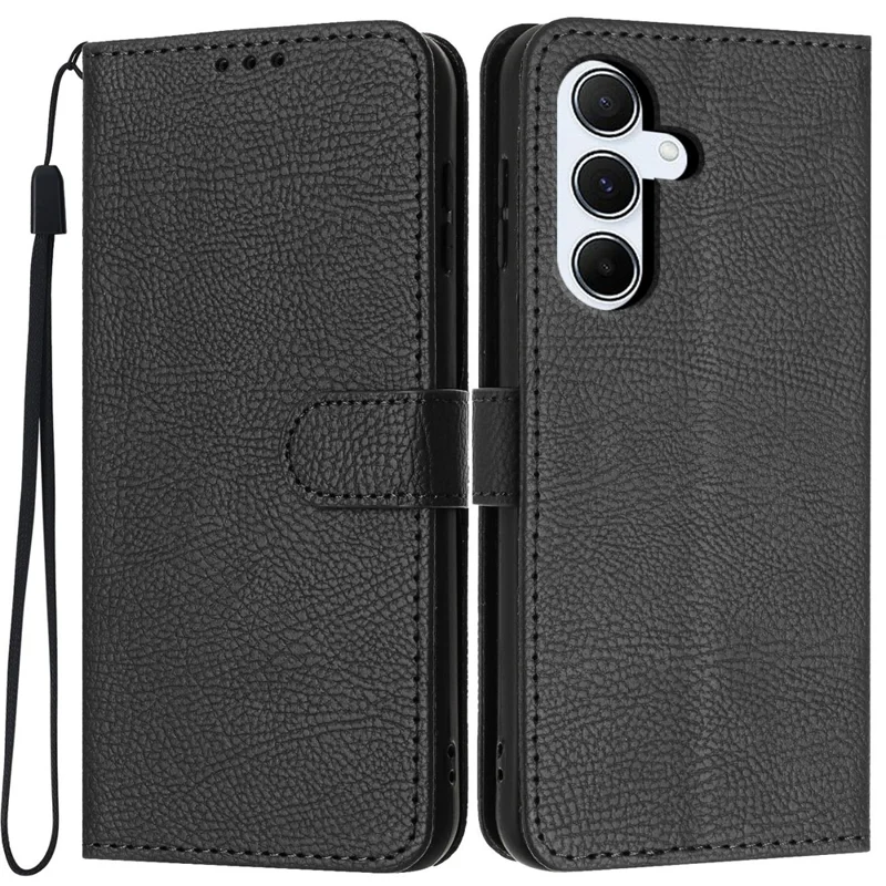 For Samsung Galaxy A18 4G Wallet Case Litchi Texture Leather Flip Cover with Card Slots and Hand Strap - Black