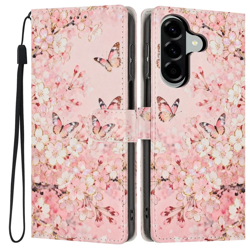 Capa Carteira para Samsung Galaxy A18 4G com Impressão de Padrão, Capa Flip de Couro PU com Suporte e Alça de Pulso - Rosa Sakura Borboleta