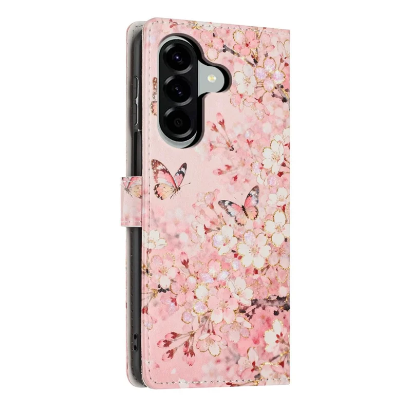 Capa Carteira para Samsung Galaxy A18 4G com Impressão de Padrão, Capa Flip de Couro PU com Suporte e Alça de Pulso - Rosa Sakura Borboleta